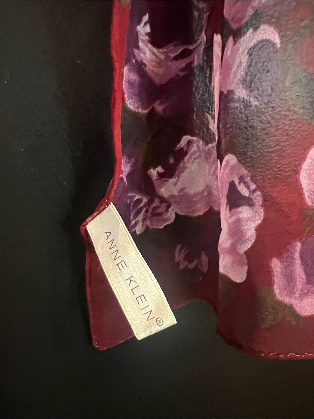 Anne Klein Pure Silk Burgundy Scarf with Pink and Purple Floral Print - Picture 2 of 3